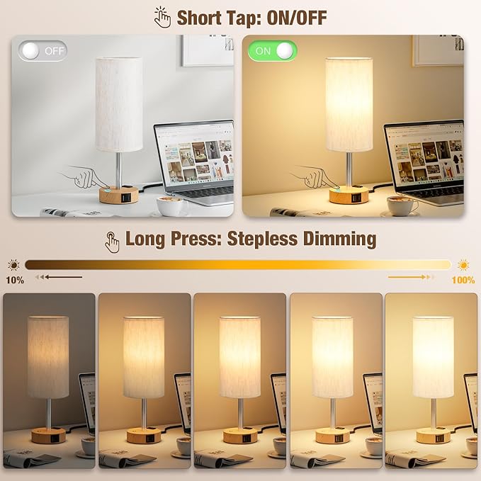 Touch Bedside Table Lamp with Memory - Stepless Dimmable Lamp for Bedroom, Small Nightstand Lamp with Dual USB Charging Ports and AC Outlet, Wood Night Light, Deak Lamp for Nursery, Living Room, Dorm