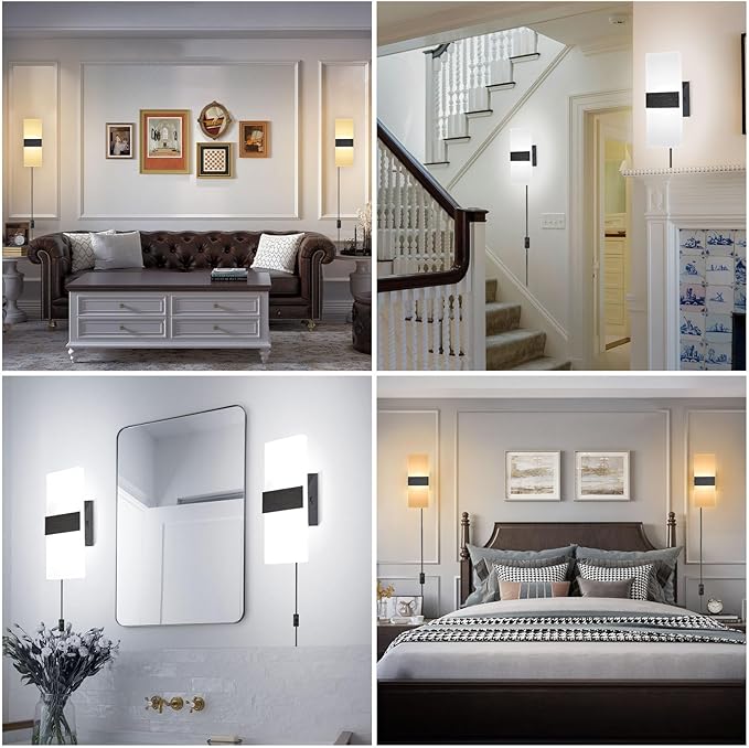 TRLIFE Modern LED Wall Sconce, Adjustable 4 Color Temperature 12W Morden Wall Sconce Plug in, Acrylic Wall Mounted Light Wall Lights with 6FT Plug in Cord for Bedroom Bedside Stairway(1 Pack, Black)