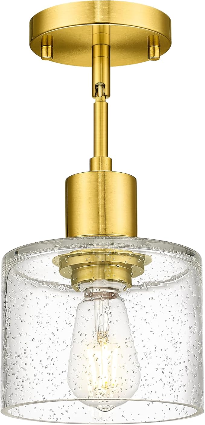 LMS Modern 1-Light Semi Flush Mount Ceiling Light, Brushed Gold Close to Ceiling Light with Seeded Glass Shade, Farmhouse Lighting for Hallway Corridor Kitchen, LMS-101GD