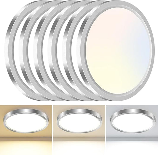 hepside 6PACK LED Flush Mount Ceiling Light - 3CCT Selectable 3000K-4000K-6500K & 100W Equivalent Modern Kitchen Recessed Ceiling Lamp 24W 3200Lm 12 Inch for Bathroom Closet Laundry Bedroom Hallway