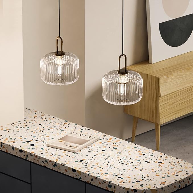 Industrial Vintage Pendant Lighting with Ribbed Glass Lamp Shade and Bronze Finish, Modern Retro Ceiling Light Hanging Lamp for Bedside Dining Table Kitchen Island (Transparent, 7.9")