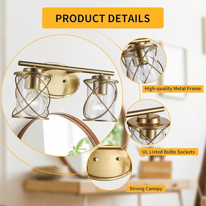 mavcadonf 2-Light UL Certified Brushed Gold Vanity Light, Metal Cage Shade Wall Sconce Over Mirror, Modern Farmhouse Light Fixture for Bathroom Kitchen Bedroom Hallway