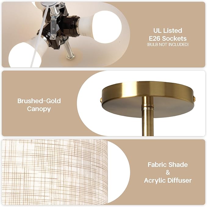 13" Semi Flush Mount Ceiling Light Fixture, Modern Drum Ceiling Light with Textured Linen Fabric Shade and Gold Base, 3-Light Farmhouse Lighting for Bedroom, Kitchen, Entryway, Living Room