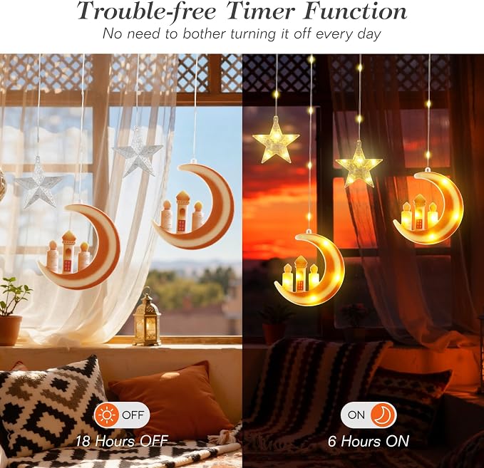 Lewondr Ramadan Curtain String Lights, 138 LED Moon Castle Star Fairy Lights with 6H Timer, 8 Modes, Remote Control, USB Powered Curtain String Light, Eid Mubarak Decorations for Ramadan Home, Orange