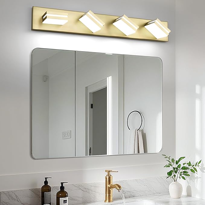 OKELI 4 Light Bathroom Vanity Light Gold Modern 32W LED Dimmable Vanity Light Over Mirror 350° Adjustable Lamp Head Cold White 6000K ETL Listed 30Inch