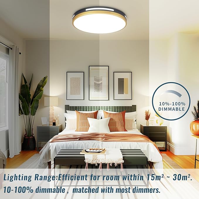 15 Inch LED Flush Mount Ceiling Light Fixture Black and Gold, 36W Dimmable Modern Kitchen, Bedroom, Bathroom, Living Room Lighting Fixture