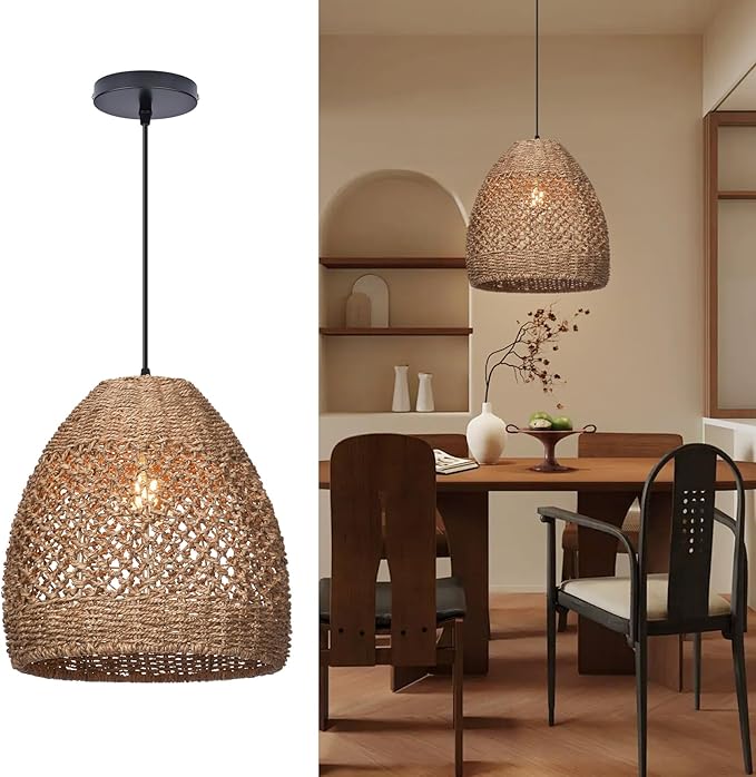 13.7" Boho Rattan Chandelier Light Fixture, 1-Light Hand Woven Coastal Ceiling Pendant Lights Kitchen Island Farmhouse Hanging Lamp for Dining Room, Bedroom, Living Room, Entryway, Foyer