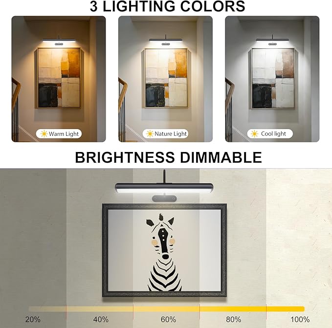 Wireless Picture Light for Wall, Battery Painting Lighting with Metal Material, Remote Control,3 Lighitng Colors,300LM Brightness Dimmable, Timer Auto-off, Adjustable Light head for Portrait Gallery