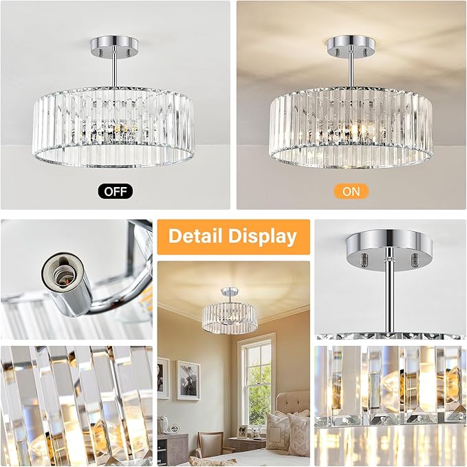 Chrome Crystal Ceiling Light Fixture, Modern Semi Flush Chandelier, Round Hanging Lighting Chandeliers for Dining Room, Kitchen, Bedroom, 3-Light, 15.74 Inch