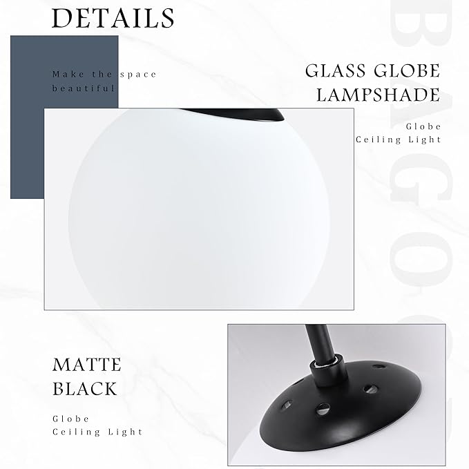 8" Black Semi Flush Mount Ceiling Light Fixture Milk Glass Globe Ceiling Light Fixtures Hallway Light Fixtures Mid Century Ceiling Lights Matte Black Finish for Entryway Foyer (Bulb Incl.)