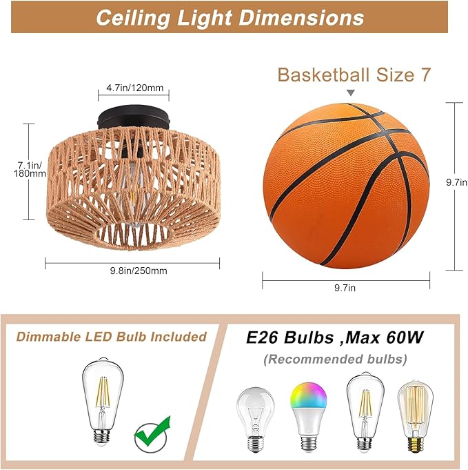 Ceiling Light Fixture,Hand-Woven Rattan Flush Mount Ceiling Light,Farmhouse Light Fixtures Ceiling Mount Boho for Hallway Bedroom Kitchen Entryway Living Room