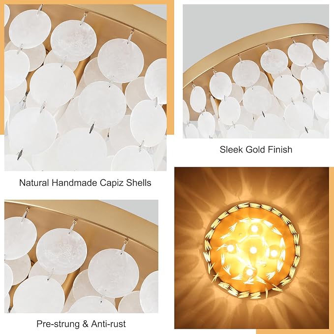 17.72" Capiz Shell Ceiling Light Fixtures, 5 Light Boho Shells Flush Mount Ceiling Light for Bedroom, Hallway, Entryway, Bathroom, Brushed Brass