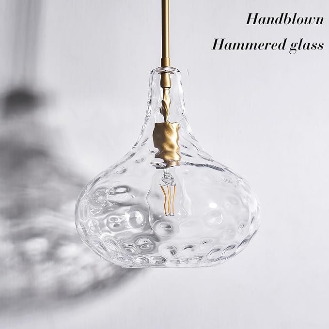 CATINER 11" Clear Glass Pendant Light – Large Hand-Blown Glass Shade with Hammered Texture and Gold Finish, Adjustable Ceiling Hanging Light for Kitchen Island, Dining Room, Hallway, Living Room