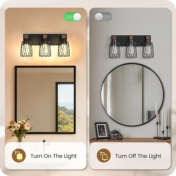 Industrial Farmhouse Bathroom Vanity Light, 3-Light Wood and Metal Wall Light Fixture, E26 Bulbs Not Included, for Bathroom, Vanity, Hallway, Black and Rustic Brown B19BD05