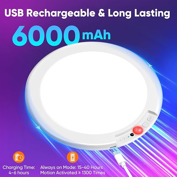 2 Pack Rechargeable Motion Sensor Ceiling Light with 12 RGB Colors and Cool White Lights, Battery Operated Ceiling Light with Remote, Magnetic Motion Sensor Lamp for Closet Pantry Hallway Porch