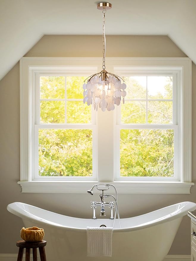 Capiz Shell Pendant Light, 12.6” Gold Coastal Hanging Chandelier, Adjustable Height up to 51”, E26 Hardwired Ceiling Light for Living Room, Dining Room, Bedroom, Entryway
