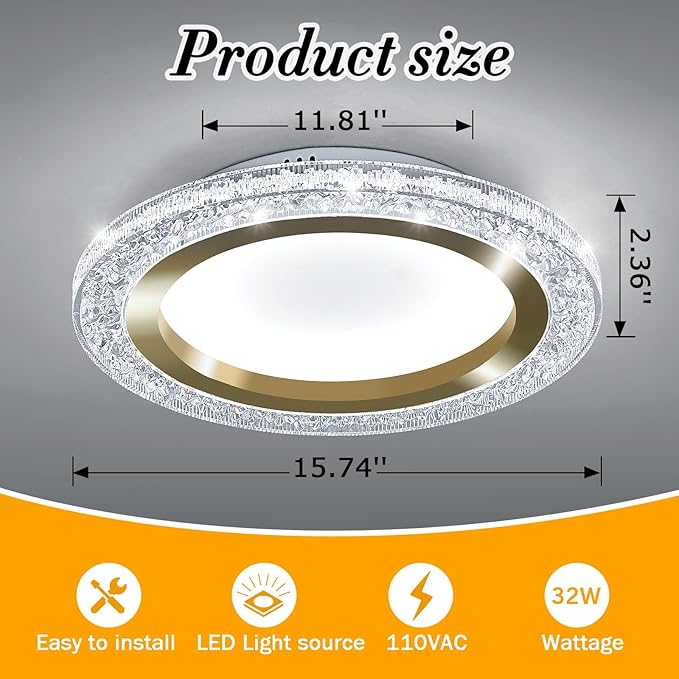 UOFUS Gold LED Flush Mount Ceiling Light 15.7inch Modern Round Ceiling Light Fixture 6400K Super Bright Circle Ceiling Lamp for Bathroom Kitchen Bedroom Living Room Entryway Hallway Stairwell