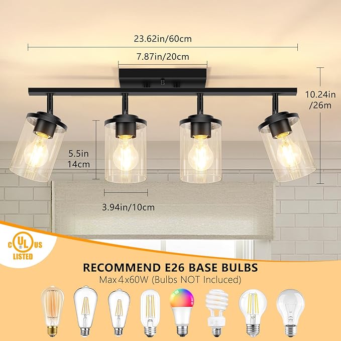 FadimiKoo 4-Lights Track Lighting Fixtures Ceiling with Clear Glass Shades, Modern Black Semi Flush Mount Ceiling Light, Rotatable Wall Mount Ceiling Lamp for Kitchen Hallway Bedroom