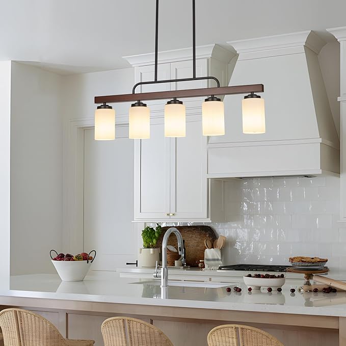 Farmhouse Dining Room Light Fixture Over Table, Black 5-Light Wood Kitchen Island Lighting with Milk White Glass, Industrial Linear Chandelier Pendant Lights
