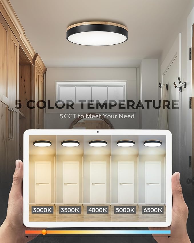 Ken & Ricky Flush Mount Ceiling Light, Dimmable Led Close to Ceiling Light Fixtures for Kitchen Bathroom Bedroom Hallway 5cct (Light Wood, 16 Inch)