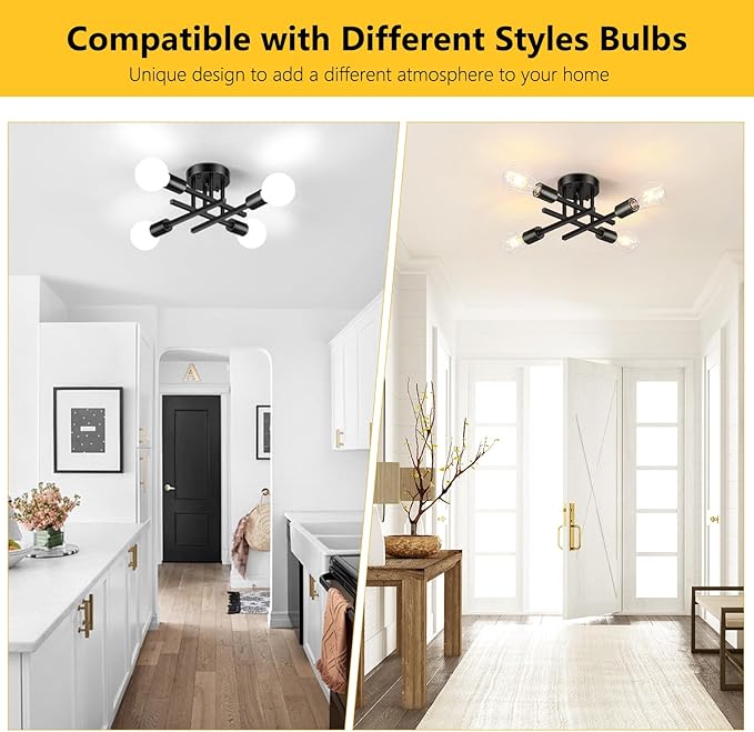 Asnxcju 4-Light Hallway Semi Flush Mount Light Fixtures, Farmhouse Black Light Fixtures Ceiling Mount, Indoor Close to Ceiling Lighting for Kitchen Entryway Bedroom Foyer (Bulb Not Included)