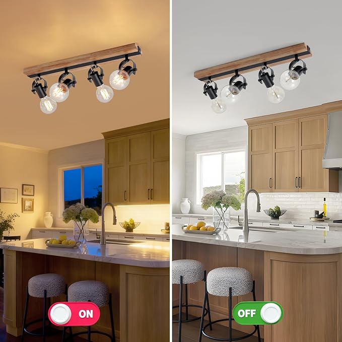 SEEBLE 4-Light Rectangular Flush Mount Ceiling Light, Linear Wood Track Lighting with Adjustable Spotlights, Farmhouse Kitchen Ceiling Light for Dining Room Hallway Bathroom