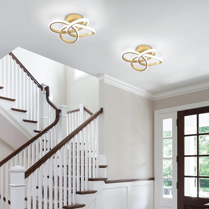 CANEOE Gold Led Hallway Light, 6000K Modern Led Ceiling Light Fixture, Small Close to Ceiling Lamp for Hallway Corridor Closet Bedroom Bathroom Kitchen Stair Curved Design