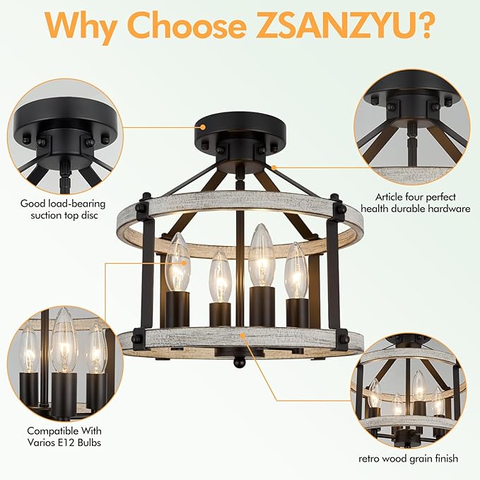 12.5" Farmhouse Semi Flush Mount Ceiling Light,4 Light Rustic Semi Flush Ceiling Light,Black+Oak Finish Industrial Semi Flush Light Fixture for Hallway Entryway Bedroom Balcony Laundry Room