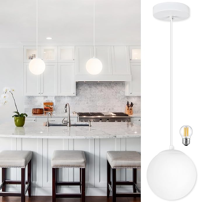 KoKo&Yukina 6 Inch Globe Pendant Light White Globe Pendant Lights Kitchen Island Mid Century Light Fixture with Milky White Glass Shade for Dining Room Living Room