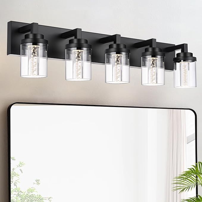 MELUCEE Black Vanity Lights for Bathroom, 5CCT Dimmable LED Bathroom Lights with Bubble Crystal and Clear Glass Shade, LED Vanity Light Bar Above Mirror Kitchen Sink, Built-in Led Chips, 25W