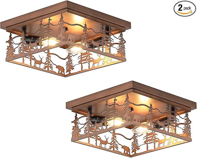 2 Pack 11" Rustic Farmhouse Flush Mount Ceiling Light, 2-Light Metal Fixture with Deer & Bear Design, Square Vintage Industrial Metal Cage Light Perfect for Kitchen, Foyer, Bedroom