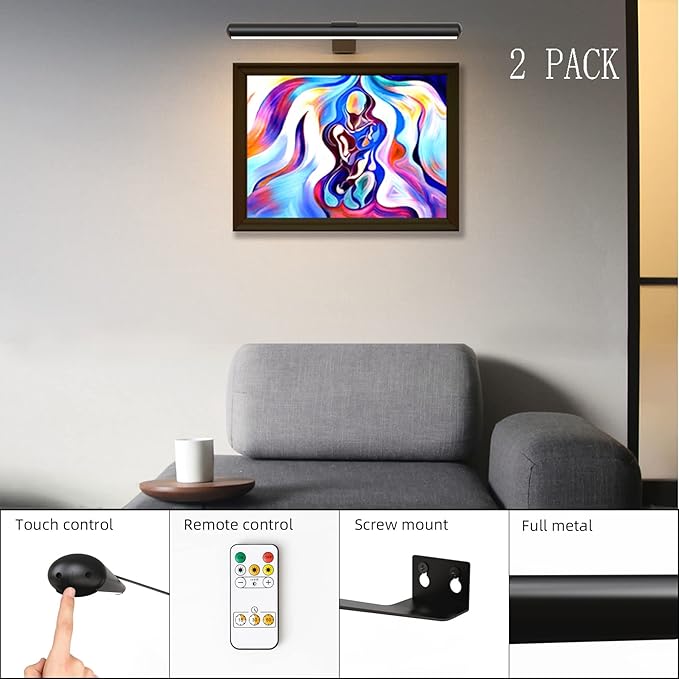 TINTINDOC 2Pack Wireless Picture Lights with Remote,Battery Operated,16.5'' Painting Lights for Art Picture Full Metal with Dimmable Timer, Magnetic Attached Display Light for Dartboard Gallery