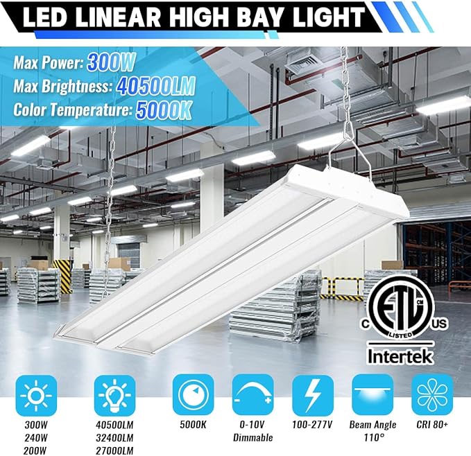 Allsmartlife LED Linear High Bay Light 4-Pack, 5000K Daylight 300W 40500LM 0-10V Dimmable Adjustable Tilt Hanging LED High Bay Shop Lighting Fixtures for Garage Warehouse Workshop, ETL