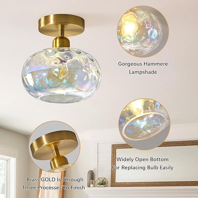 Vintage Glass Flush Mount Ceiling Light - 2 Pack，7.9 Inch Rainbow Hammered Glass Hallway Light fixtures Ceiling, Gold Semi Flush Mount Ceiling Light for entryway Foyer Laundry Room Kitchen