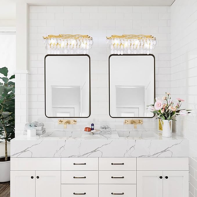 Wellmet Brushed Gold Bathroom Light Fixtures, 4-Light Capiz Shell Vanity Light, Modern Wall Sconces for Mirror, Cabinets, Bedroom, Hallway,Living Room, 27.2" W