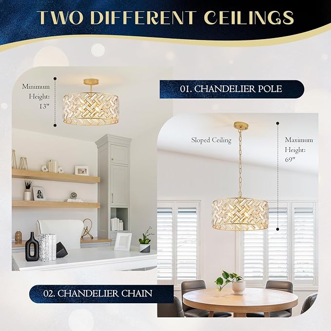 Gold Crystal Chandelier, 18" Modern Drum Ceiling Light Fixture, Luxury 6-Light K9 Crystal Pendant Lighting, Convertible Semi Flush Mount Hanging Light for Dining Room, Living Room, Bedroom, Kitchen
