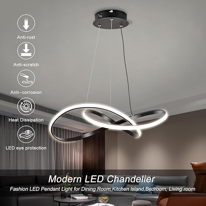 Viruhaka Modern LED Pendant Light Fixture，Black Contemporary Ceiling Hanging Fixture with Irregular Ring Lights for Dining Living Room Bedroom Kitchen Island Cafe（4000K，Neutral Light ）