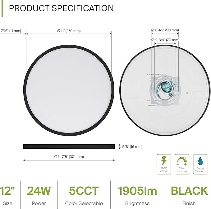 ASD LED 12" Round Flush Mount Ceiling Light Fixture, Low Profile Surface Lighting | 5CCT, Dimmable, Ultra-Thin, ETL Listed | 24W 1900LM 2700-6000K 120V | Kitchen, Bedroom, Hallway Lamp | Black