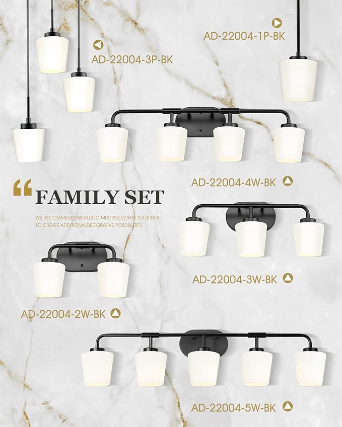 Bathroom Light Fixtures Over Mirror, 5-Light Matte Black Vanity Lighting Fixtures with Milk White Glass, 38inch Farmhouse Wall Sconces Lighting, AD-22004-5W-BK