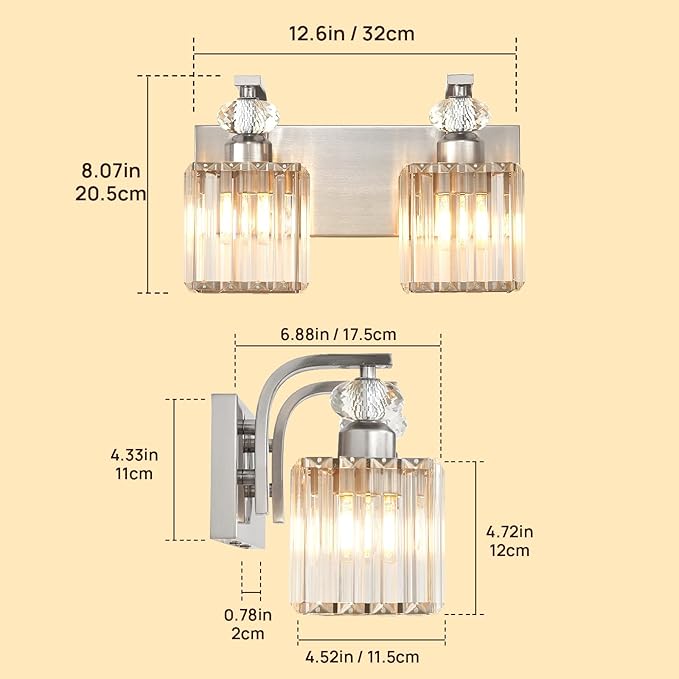 Modern Bathroom Vanity Light, 2-Light Nickel Bathroom Lighting Fixtures Over Mirror, 12.6" Crystal Wall Light Sconce for Bathroom/Bedroom/Vanity, Includes LED Bulbs, Easy Installation