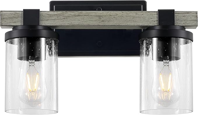 JONATHAN Y 15" Black/Gray Oak Wood Finish LED Vanity Light, Rustic Farmhouse Sconce, Clear Seeded Glass Shade, Industrial Wall Lamp for Bathroom Mirror, Kitchen Sink, LED Bulb (JYL7508B)
