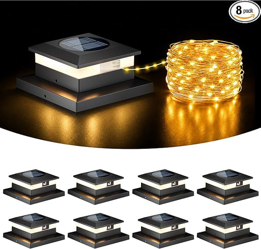 8 Pack Solar Post Cap Lights，Fence Post Solar Lights Fit for 4x4 5x5 6x6 Vinyl/Wooden Posts，2-in-1 Lighting Modes Waterproof Light for Deck Patio or Garden Decor