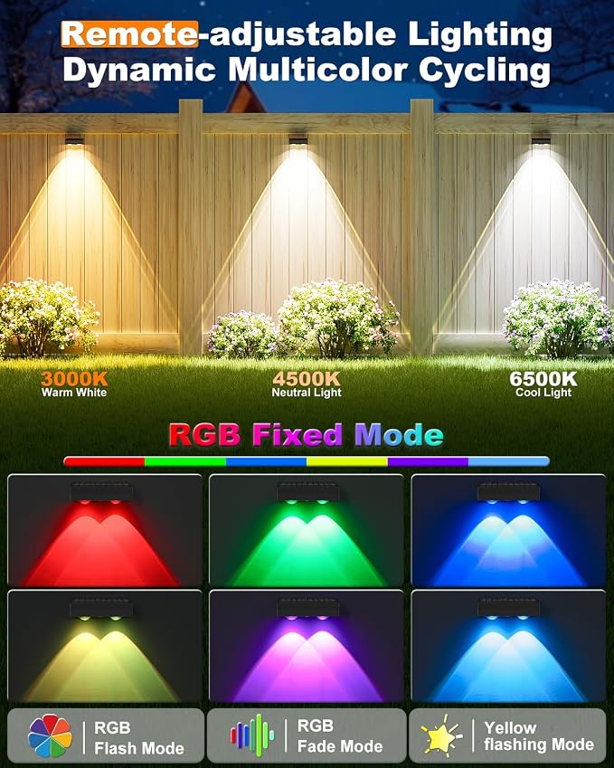 VOLISUN Solar Fence Lights with Remote Control, 50 Lumen LED Fence Lights Solar Powered, IP65 Waterproof, 10 RGB Color Long-Lasting Solar Lights for Backyard Garden Deck Patio Railing (12 Pack)