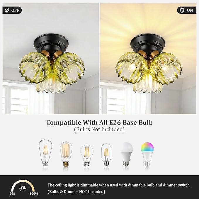 TALOYA Semi Flush Mount Ceiling Light,3-Light Close to Ceiling Light Fixtures with Green Tulip Glass Shades Modern Farmhouse Lighting Fixtures for Hallway Corridor Kitchen Bathroom Bedroom Passway