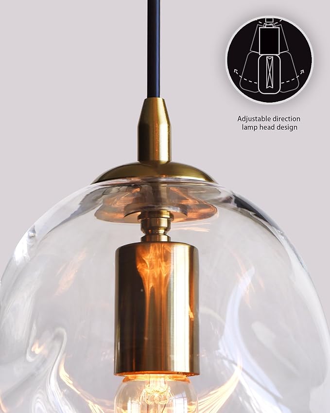 CASAMOTION Pendant Lights Kitchen Island 2 Pack Modern Contemporary Clear Glass Organic Globe Brass Hardware Adjustable Cord Bedroom Dining Table Small Medium Lamp 8 Inch Height