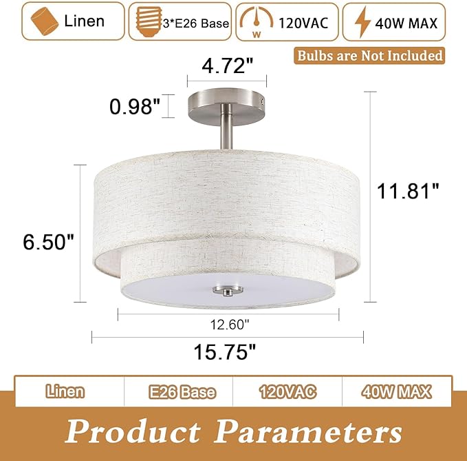 BUXVRCS Semi Flush Mount Ceiling Light Fixture, 3-Light Double Drum Lighting Fixtures with Fabric Shade, 16" Modern Light Fixtures Ceiling Mount Close to Ceiling Light for Bedroom (Brushed Nickel)