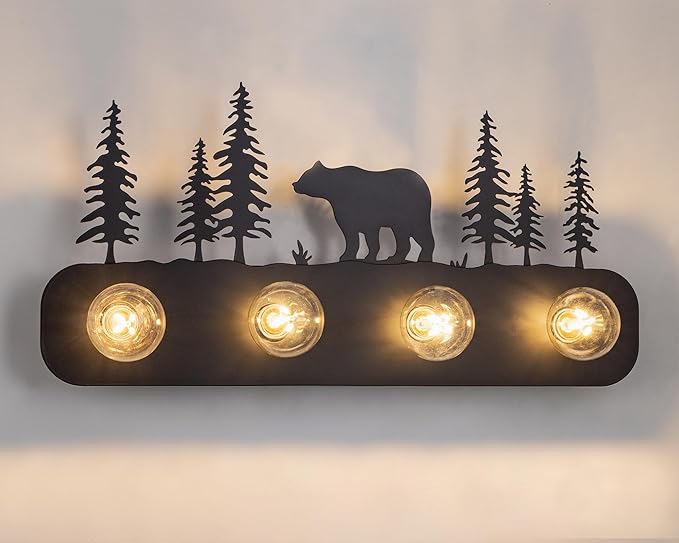 TOCHIC Rustic Bathroom Light Fixtures, 4 Lights Farmhouse Bathroom Vanity Light Over Mirror Dimmable, Western Bear Sconces Wall Lighting for Mirror Cabinets, Powder Room, Living Room, Black, 26”L