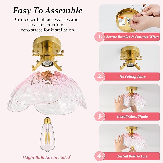 Vintage Semi Flush Mount Ceiling Light,Bronze Ceiling Light Fixtures with Gradient Pink Handmade Leaf Glass for Bedroom,Kitchen,Hallway,Entryway