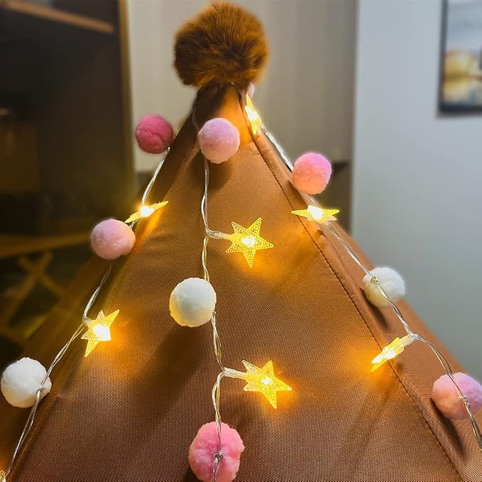 ChiRee Indoor String Lights 6.56 Feet Pom Poms Star Lights 20 LED Battery Operated String Fairy Lights Warm White Star Lights Colorful Decor Lights for Home Bedroom Kids Playhouse Holiday Christmas