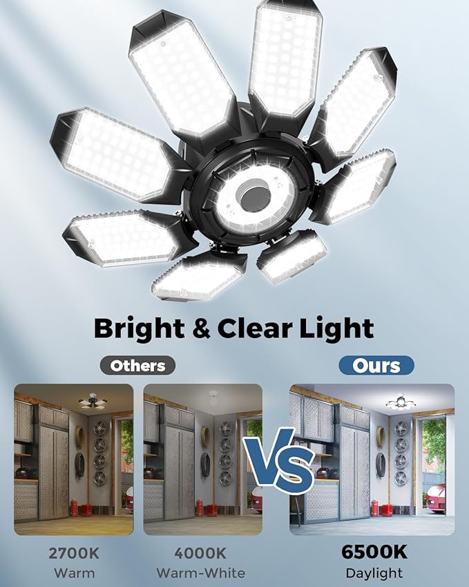 Adiding LED Garage Ceiling Lights 56000Lm 4 Pack w/ 8 Adjustable Panels, Super Bright Deformable Basement Lighting Fixture Screw in E26 Bulb Socket for Indoor Workshop, Attic, Storage, Bay, Home Gym